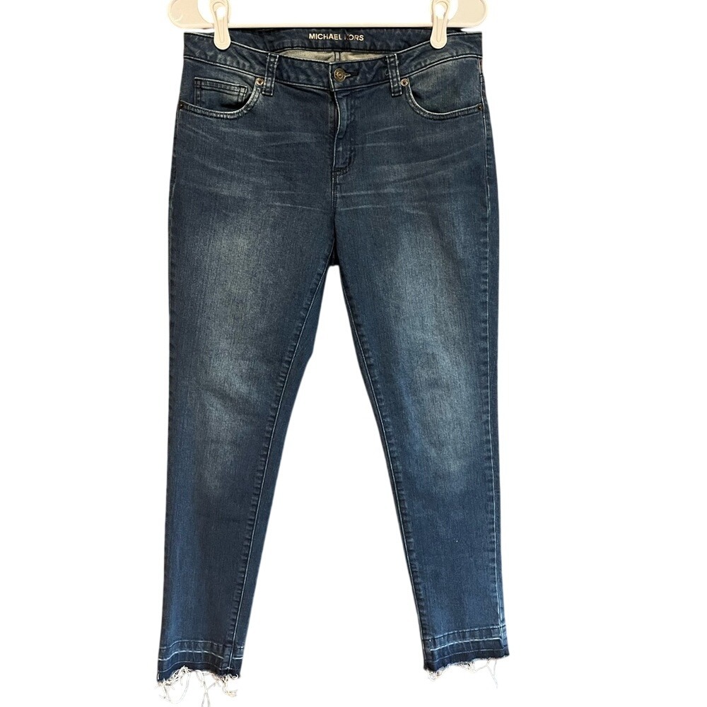 Michael Kors Izzy Skinny Jeans Medium‎ Wash Raw Hem Blue Denim Size 6